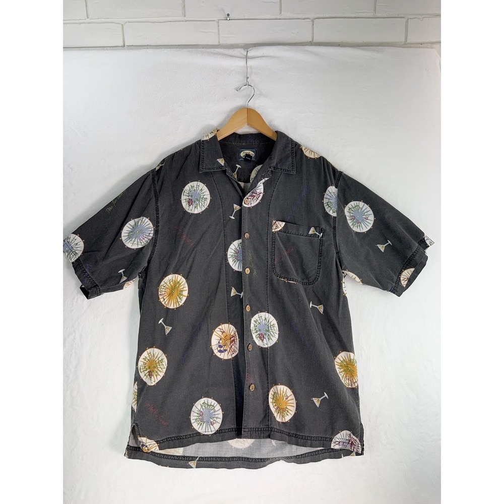 Vintage Tommy Bahama Shirt Mens Medium Gray Cocktail Hawaiian Camp Graphic 90s‎